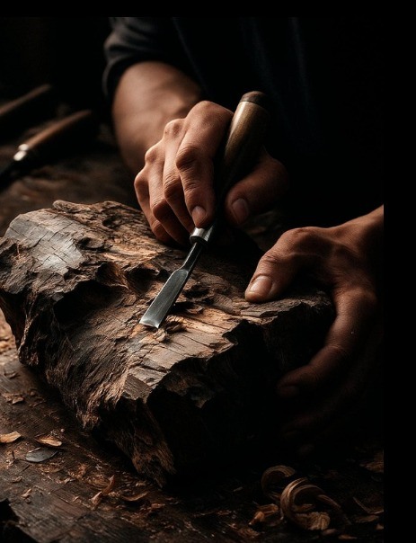 An artisan carving wood by hand