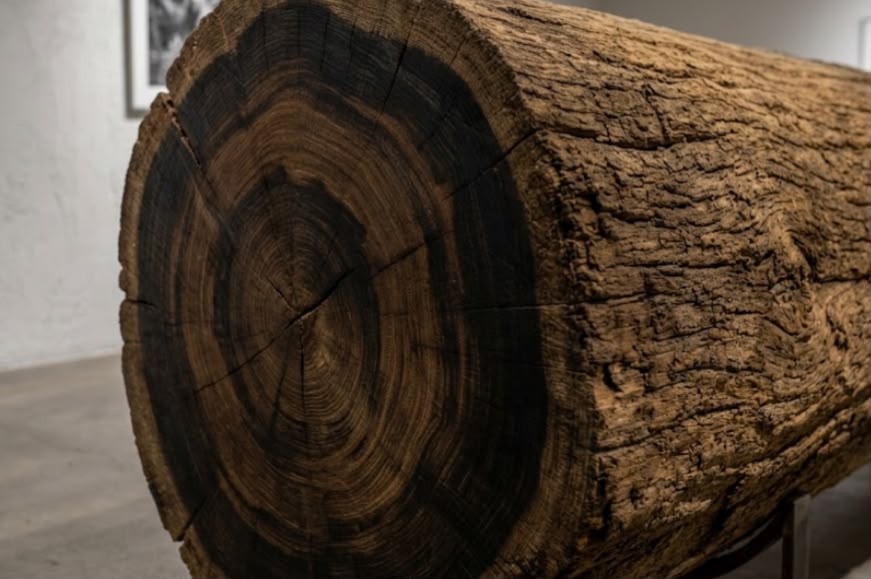 A felled teak log, its growth rings exposed
